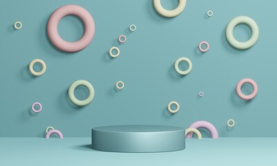 Empty minimalistic blue podium in studio lighting. A single cylinder against a light blue background with randomly located rings of various diameters and colors. Pastel shades. 3d rendering.