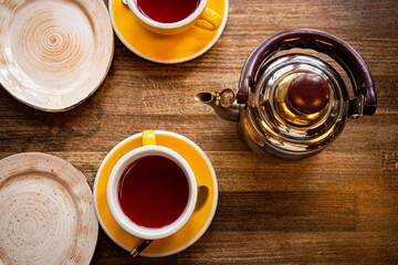 Tea set on the wooden table