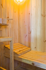 Interior of wood steam sauna cabin