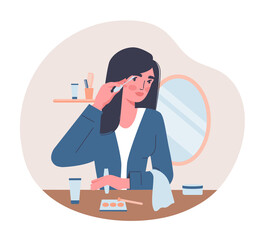 Woman doing makeup using brushes. Girl looks after herself, beauty, cosmetics. Employee paints her eyelashes. Daily routine, care. Cartoon flat vector illustration isolated on white background