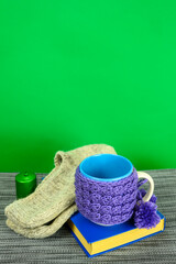 Copy space, book, knitted mug, socks and a candle.
