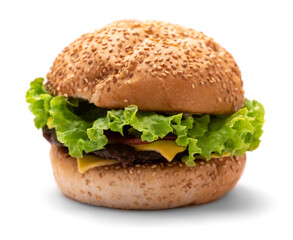 Big hamburger with green salad and cheese isolated on white background
