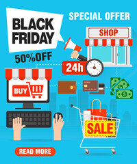Special offer Black friday 50% off sale concept flat design with shopping cart, basket. Vector illustration