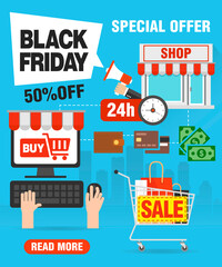 Fototapeta premium Special offer Black friday 50% off sale concept flat design with shopping cart, basket. Vector illustration