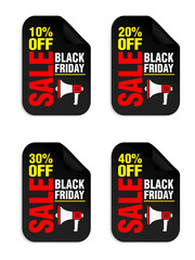 Set of Black Friday Sale stickers. Black Friday sale 10%, 20%, 30%, 40% off with megaphone. Vector illustration