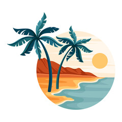 Fototapeta na wymiar Tropical Landscape with Shining Sun and Sandy Beach with Palm Tree in Circle Closeup Vector Illustration