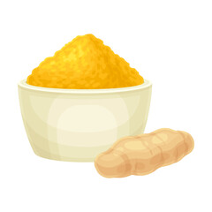 Turmeric or Curcuma Longa Rhizome and Powder in Bowl Used in Asian Cuisine Closeup Vector Illustration