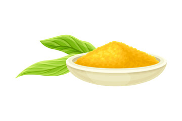 Turmeric or Curcuma Longa Powder Used in Asian Cuisine Piled in Bowl with Green Leaf Nearby Closeup Vector Illustration