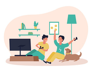 Fototapeta premium Childrens playing computer games. Two children sitting together with joysticks in their hands. Leisure, modern technologies, devices. Cartoon flat vector illustration isolated on white background