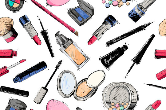 Seamless pattern of makeup products, color vector illustration