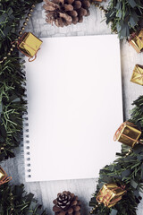Christmas and New Year background with Christmas decorations, Media banner, Mockup, Flat design, Top view