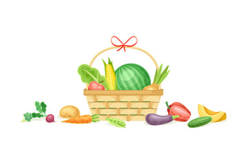 Ripe Vegetables in Basket as Seasonal Harvesting and Yield Vector Illustration