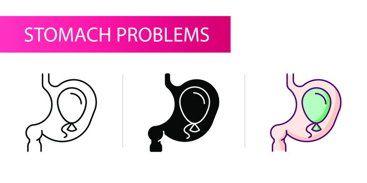 Symptoms of stomach problems (bloating). Line icon concept