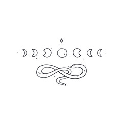 Hand-drawn minimalist line art of the lunar cycle and mystical snake. Black and white vector illustration with isolated astrological symbols. Design element.