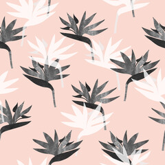 Seamless tropic pattern with watercolor strelitzia flowers. Vector floral background.