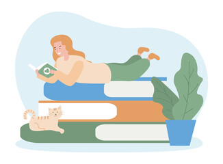 Obraz premium Girl reading book. Woman lies on stack of books. Stories, poems, creativity. Literature, library, cat, pet. Healthy rest at home. Cartoon flat vector illustration isolated on white background