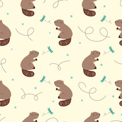 Cute beavers seamless pattern for kids. Vector background. Baby print © Afanasia