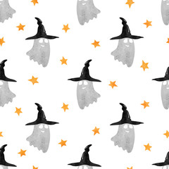 Halloween pattern with cute ghosts in witch hats. Vector holiday illustration