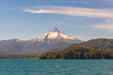 Puntiagudo volcano peak along All Saints Lake near Puerto Varas, Chile.