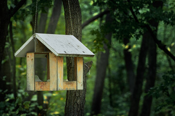 Birdhouse in the forest on a tree. A bird house. Bird feeder. Wooden house for birds.
