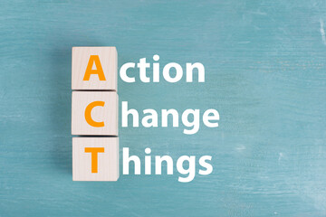 The words action, change, things are standing on a blue colored background, business concept