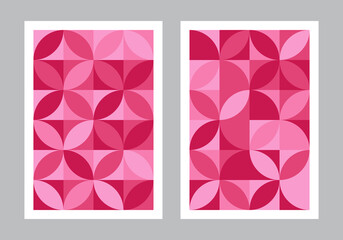Abstract geometric pattern background. Bauhaus art style. Circle, semicircle, square shapes. Red and pink color tone. Design for print, cover, poster, flyer, banner, wall. Vector illustration.