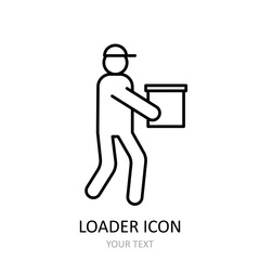 Vector illustration with loader icon. Outline drawing. Loader trasporting a box.
