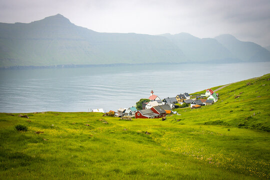 village on kunoy island, faroe island, north atlantic, europe