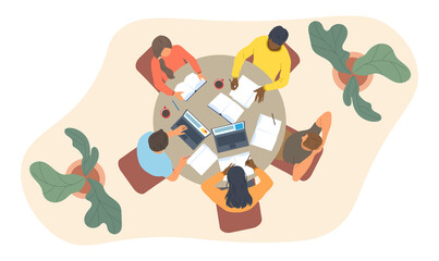 Students working in group. Distance learning. Top view of teenagers preparing for lessons. Teamwork, people think about presentation. Cartoon flat vector illustration isolated on white background