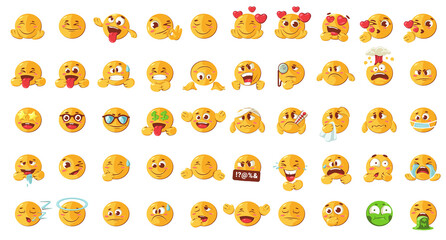 Yellow smiley face character for your scenes template. Emotion big set. Vector illustration