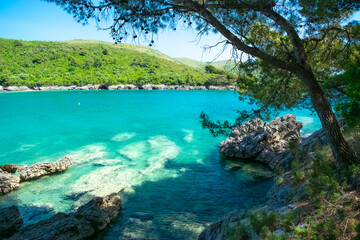 Plavi Horizonti beach landscape. Radovici. Tivat bay. Montenegro. Sandy clearest water beach...