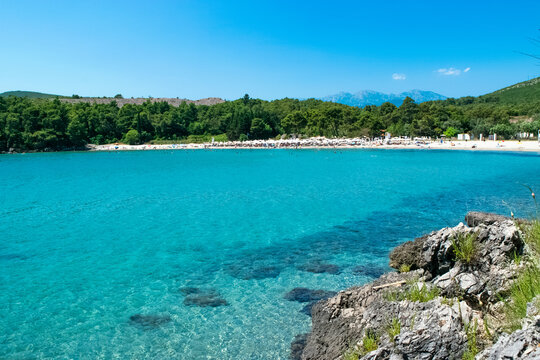 Plavi Horizonti Beach Landscape. Radovici. Tivat Bay. Montenegro. Sandy Clearest Water Beach Excellent For Kids.