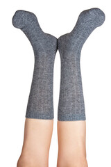 Gray warm high socks on woman legs elegant isolated on the white background