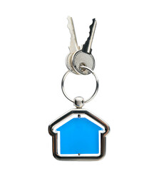 House keys with house shaped keychain on white background