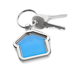 Home keys with house shaped keychain on white background