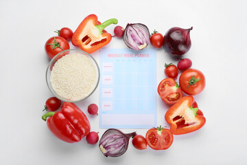 Meal plan and healthy products on white background