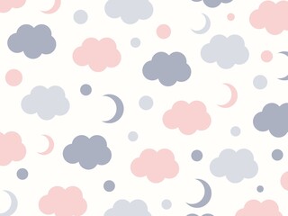 Kids colourful clouds vector pattern.  Pastel colours cloud and moon cute pattern. Children decor background. 