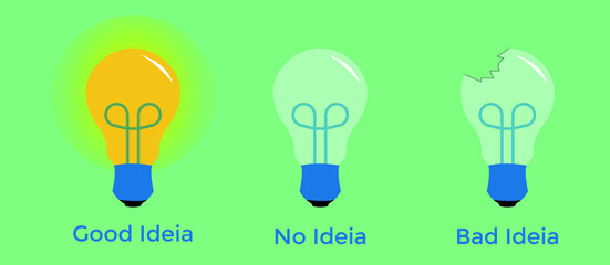 Brainstorming concept. Bad idea, good and no idea. Lamp on concept of too much inspiration, lamp broken and off, no inspiration and wrong decisions or disappointed, bad decision, failure