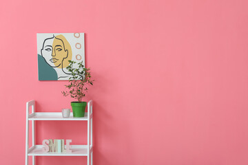 Stylish shelf unit with houseplant and decor near pink wall, closeup