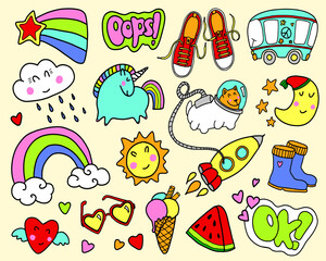 Set of girly graffiti doodles for decoration, stickers or embroidery. Cartoon patch badges or fashion pin badges. Vector