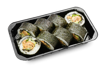 Set of delicious sushi rolls on white background