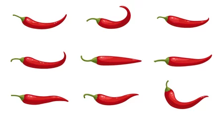 Fotobehang Vector set of realistic hot chilli peppers, large chilly pepper collection isolated on white. Flat vector illustration, cartoon style vegetables. © Karina