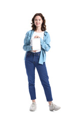 Fototapeta premium Pretty teenage girl with tablet computer on white background