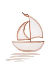 Obraz premium Hand-painted in watercolor paints brown ship with sail, floating in the sea. Isolated on white