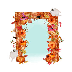 Cornice di Halloween floreale in legno con fantasmi disegnati a mano, foglie, bacche, zucche arancioni, tronchi di legno, cappelli da strega e pipistrelli neri