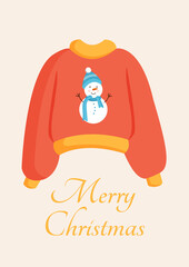 Christmas knitted sweater or jumper with snowman print for postcard, poster, poster. Cute New Year and Christmas vector illustration in flat style.