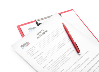Clipboard with rental agreement and pen on white background, closeup