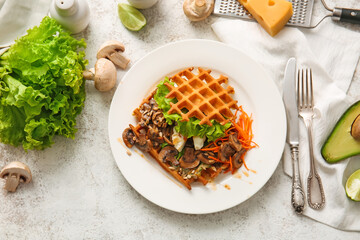 Composition with delicious Belgian waffles and vegetables on light background