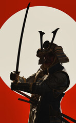 silhouette of samurai . 3D illustration of the upper body silhouette of a man wearing Japanese armor and holding a sword.