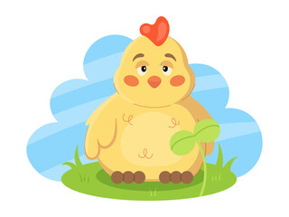 Cute little newborn plump chick on a green meadow in cartoon style. Isolated vector illustration of a chubby chick sitting at grass. Yellow child bird animal.
